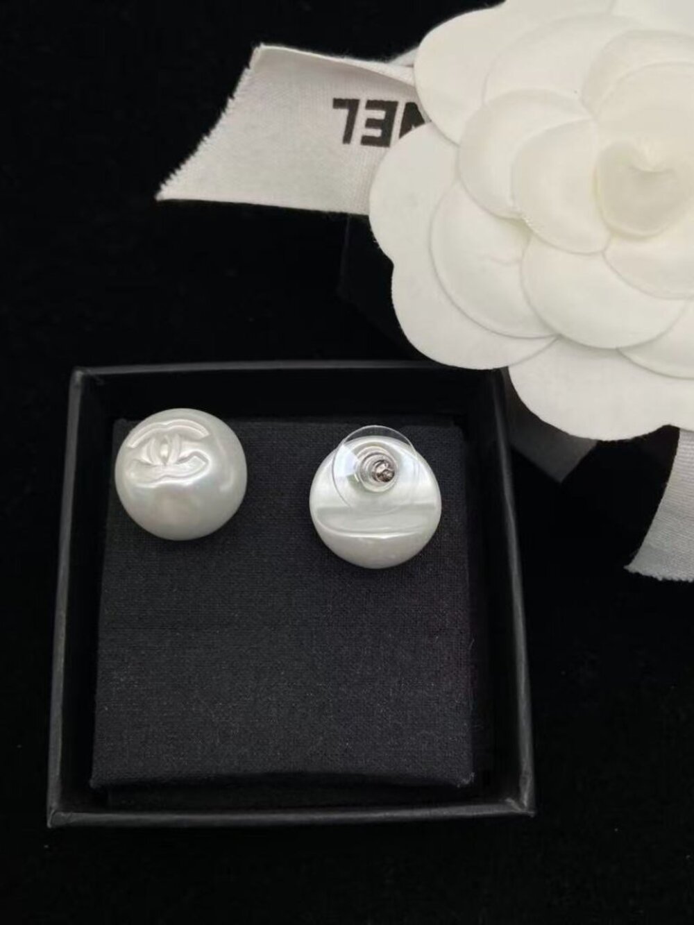 Chanel Timeless Pearl Stud Earrings with Subtle CC Detail - Picture 2 of 3